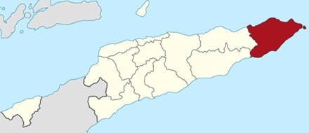 Mapa de Timor Oriental, distrito de Lautem, area de implementación de los proyectos de Cives Mundi, en rojo