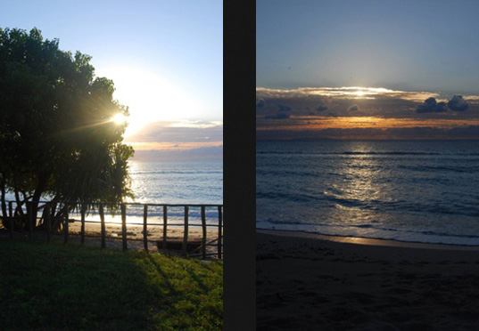 Precioso amanecer (izquierda) y atardecer (derecha) en Tutuala